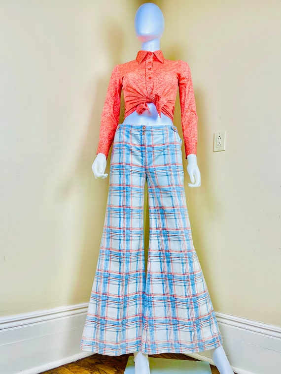 Vintage 70s Cream Blue Orange Plaid Bellbottoms P… - image 2