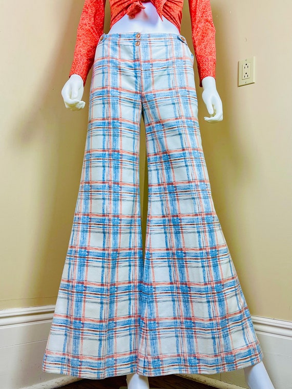 Vintage 70s Cream Blue Orange Plaid Bellbottoms P… - image 3