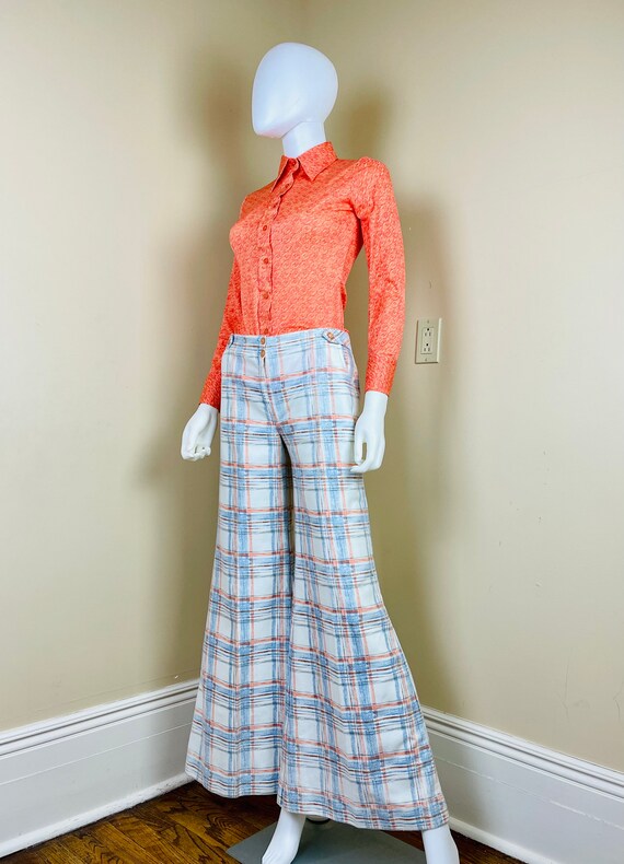 Vintage 70s Cream Blue Orange Plaid Bellbottoms P… - image 5