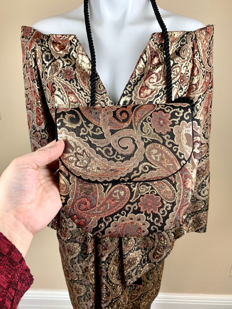 Vintage 80s Victor Costa Metallic Off Shoulder Sculptural Dress Gown With Bag S M 10