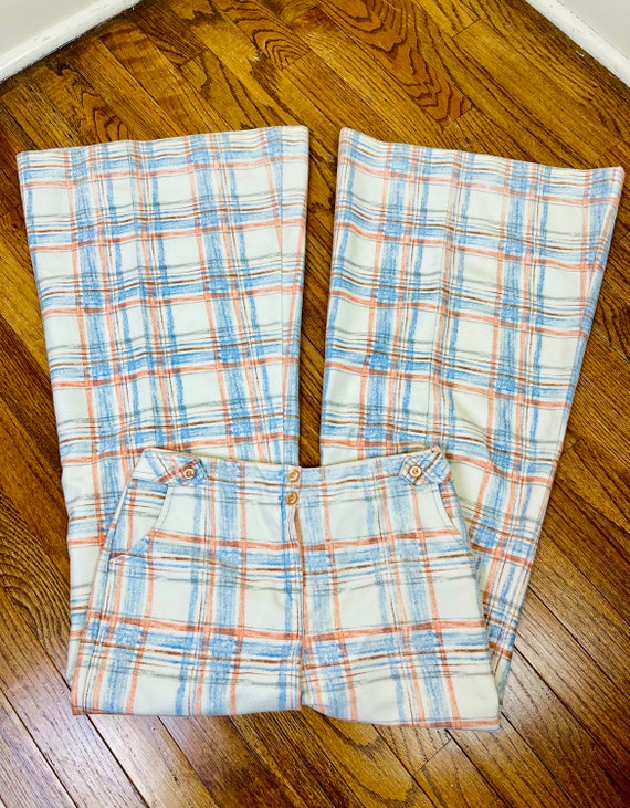 Vintage 70s Cream Blue Orange Plaid Bellbottoms P… - image 7