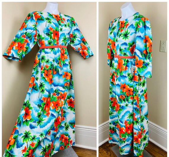 Vintage 70s Curvy Plus Size Cotton Hawaiian Maxi H