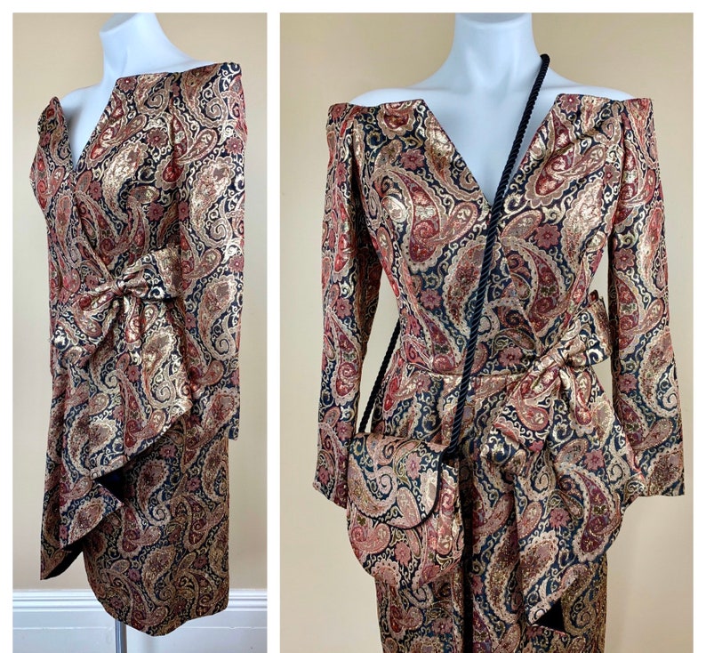Vintage 80s Victor Costa Metallic Off Shoulder Sculptural Dress Gown With Bag S M 10