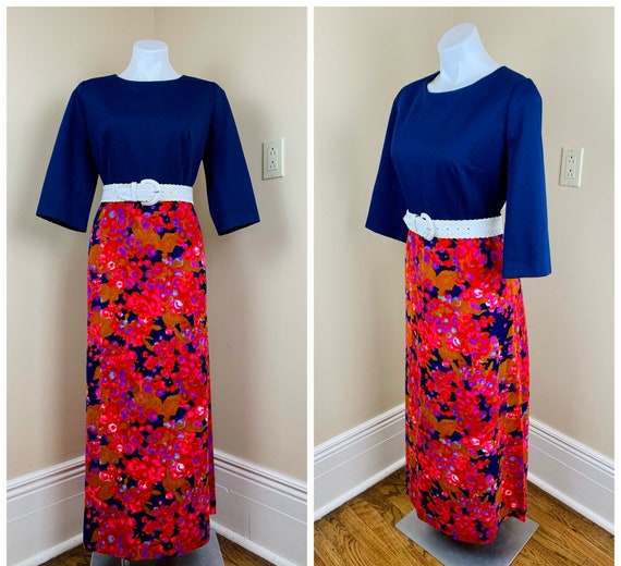 Vintage 70s Psychedelic Navy Pink Maxi Dress VOLUP
