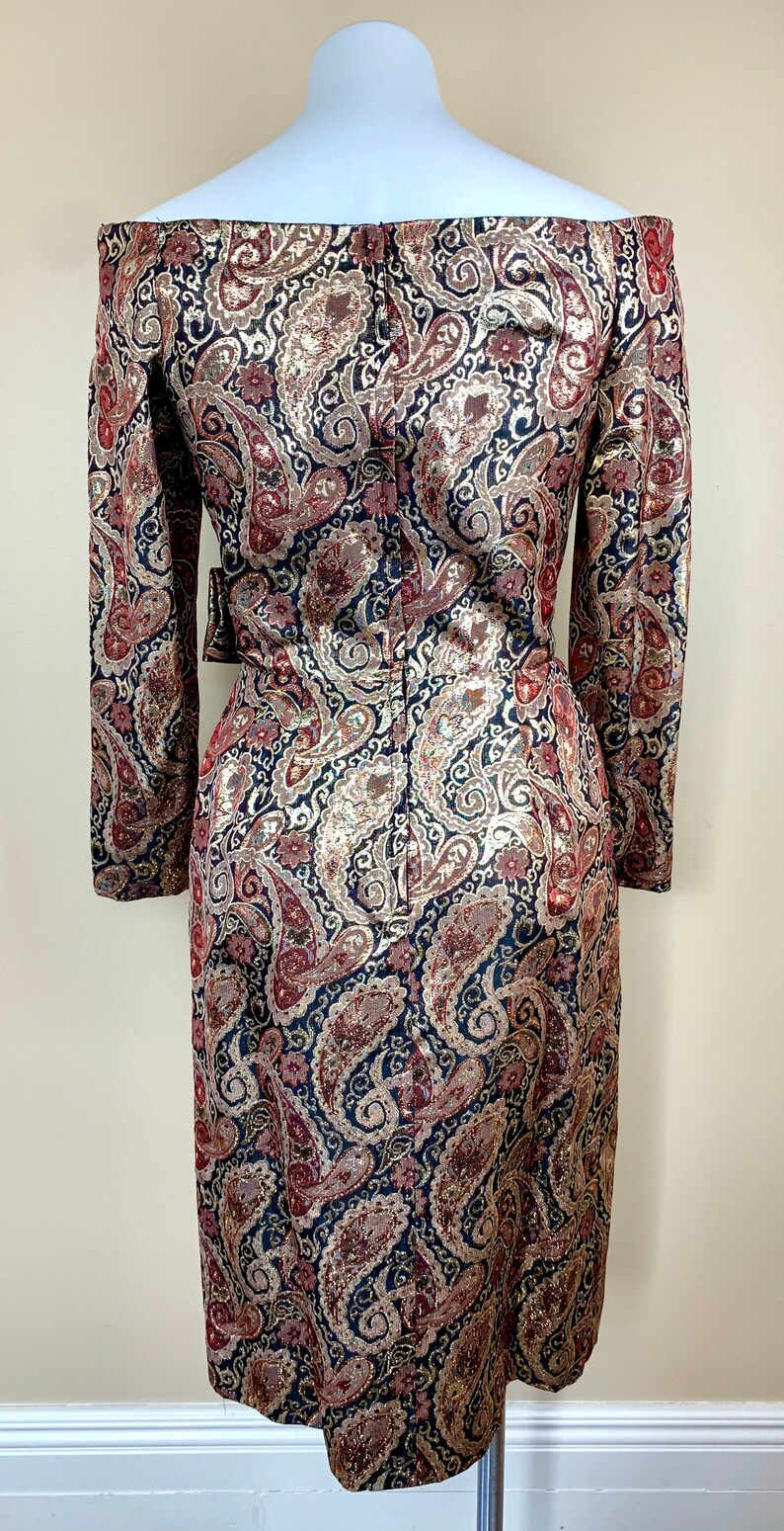 Vintage 80s Victor Costa Metallic Off Shoulder Sculptural Dress Gown With Bag S M 10