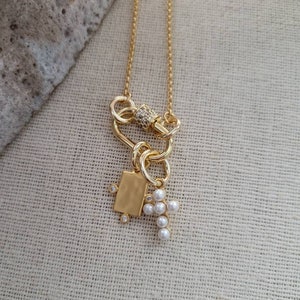 Cz Carabiner Charm Necklace // Rolo Chain // Cross Glass Pearl // Geometric Charm