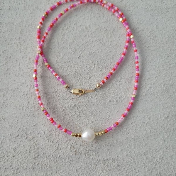 2mm Japanese Seed Bead Necklace // Fresh Water Pearl