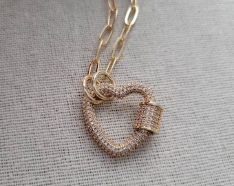 Heart CZ Carabiner Necklace // Screw // Lock