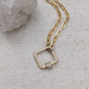 Square CZ Carabiner Necklace // Lock // Screw