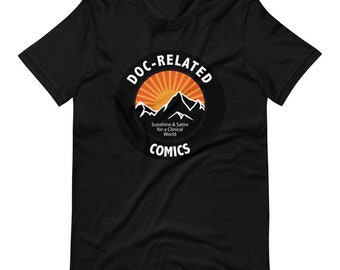 T-shirt graphique montagne : bandes dessinées liées à la documentation, soleil et satire