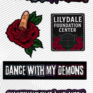 Puede incluir: Un conjunto de pegatinas con temática gótica. Las pegatinas incluyen las frases "DANCE WITH MY DEMONS" en una fuente estilizada, una rosa roja con un dedo que la atraviesa y un letrero que dice "LILYDALE FOUNDATION CENTER".