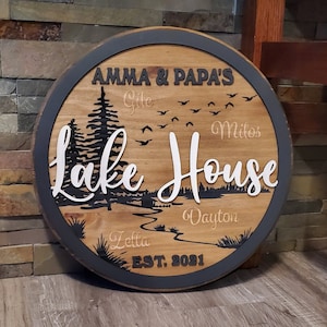Personalized Lake House Sign: Engraved Wood Decor, Family Name Gift
