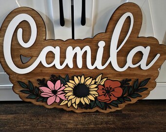 Wooden Name Cutout with Flowers: Nursery Decor, Wedding Sign