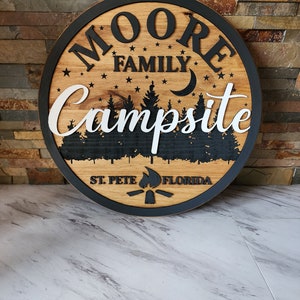 Custom Family Campsite Sign: 3D Laser Cut Wood RV Decor