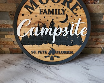 Personalized Family Campground Sign: 3D Laser Cut Cedar Wood. Outdoor Sign