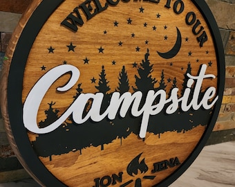Personalized Campsite Sign: Engraved 3D Cedar Wood Camper Decor. OUTDOOR