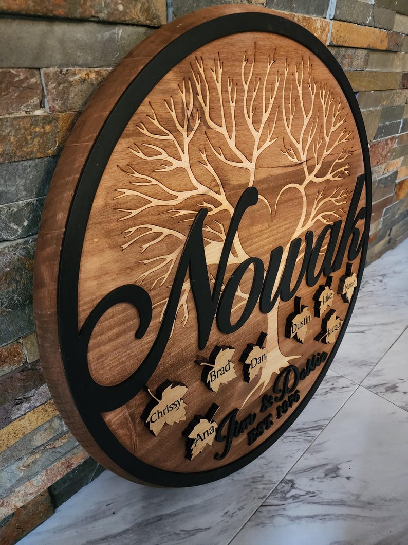 Personalized Family Tree Sign: 3D Engraved Wood, Last Name - Etsy