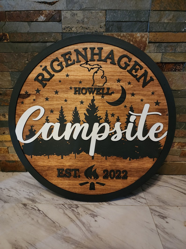 Personalized Family Campsite Sign: 3D Engraved Pine Wood Camper Decor ...