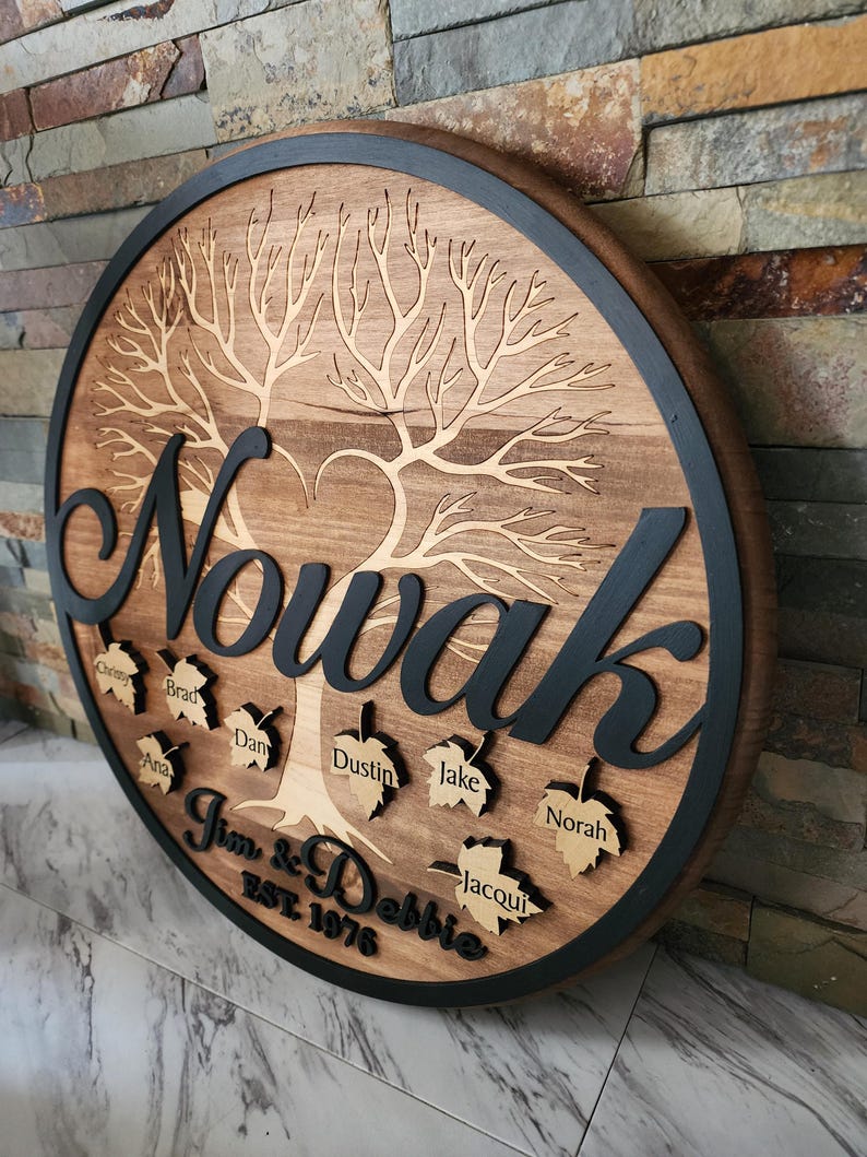 Personalized Family Tree Sign: 3D Engraved Wood, Last Name - Etsy