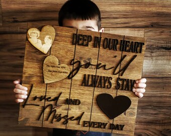May include: A wooden sign with the text "Deep in our heart you'll always stay Loved and Missed Every Day". The sign has a black heart and two smaller hearts with photos and dates.