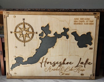 3D Wood Lake Map, Personalized Nautical Chart, Lakehouse Wall Decor