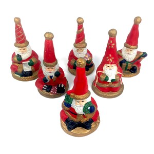 Lot of 6 Vintage Santa Bells, Ceramic Hand Painted Holiday Set, 4.5&quot; Christmas Ornaments