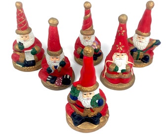 Lot of 6 Vintage Santa Bells, Ceramic Hand Painted Holiday Set, 4.5" Christmas Ornaments