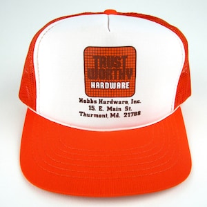 Vintage 80s (Trust Worthy Hobbs Hardware Thurmont Maryland) Orange Snapback Mesh Trucker Hat- Excellent!