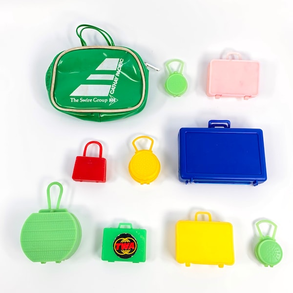 Vintage 1980s Barbie 10-piece Luggage Purse Bag Lot- TWA, Cathay Pacific Swire Group Airline Zipper Suitcases