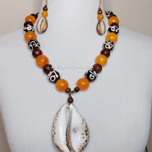 African glGemston and Large Tiger Cowrie Shell necklace with matching earrings