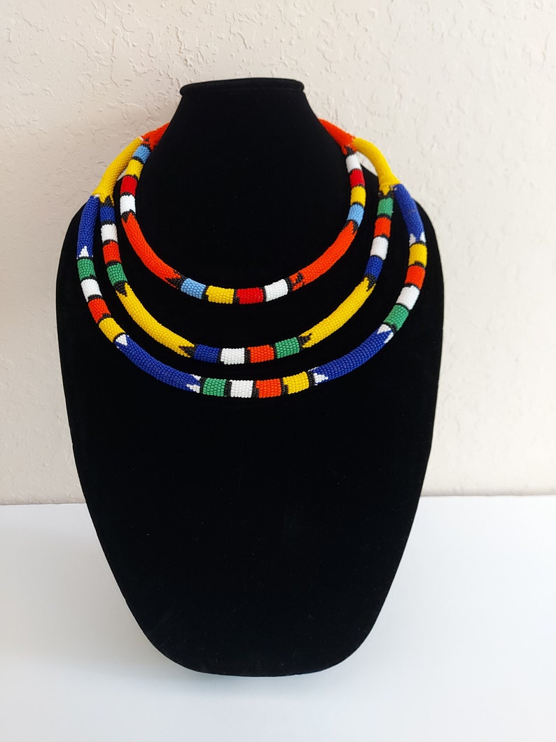 South African Triple Band Beaded Zulu Necklace. Mixed color Etsy