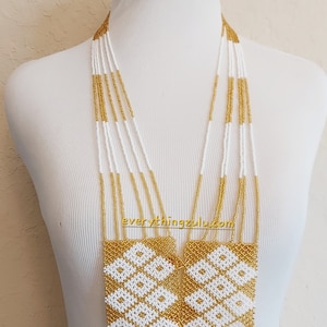 Beaded Gold and white Zulu Scarf. Unisex Zulu jewelry. Long Zulu necklace for men and women