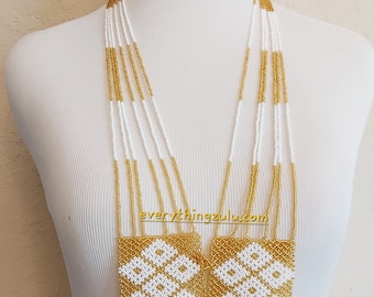 Beaded Gold and white Zulu Scarf. Unisex Zulu jewelry. Long Zulu necklace for men and women
