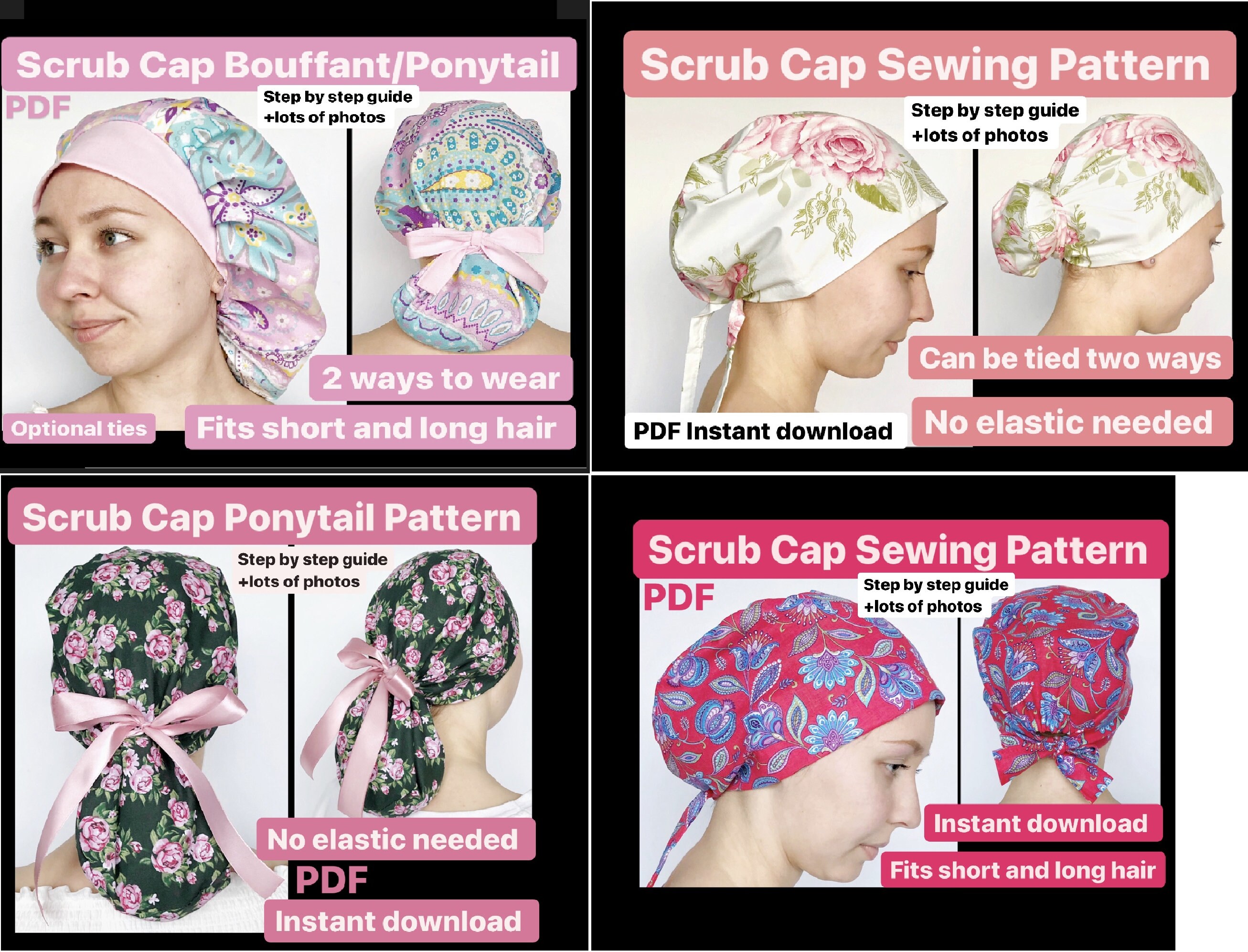 Sewing pattern Scrub Cap Ponytail pdf scrub caps for women Etsy
