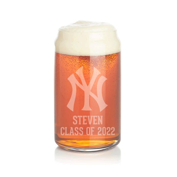 New York Yankees Beer Can Glass-Custom Text-Personalized-Custom Gift-Birthday-MLB Baseball-Coach-Husband-Father's Day-Player-Groomsman