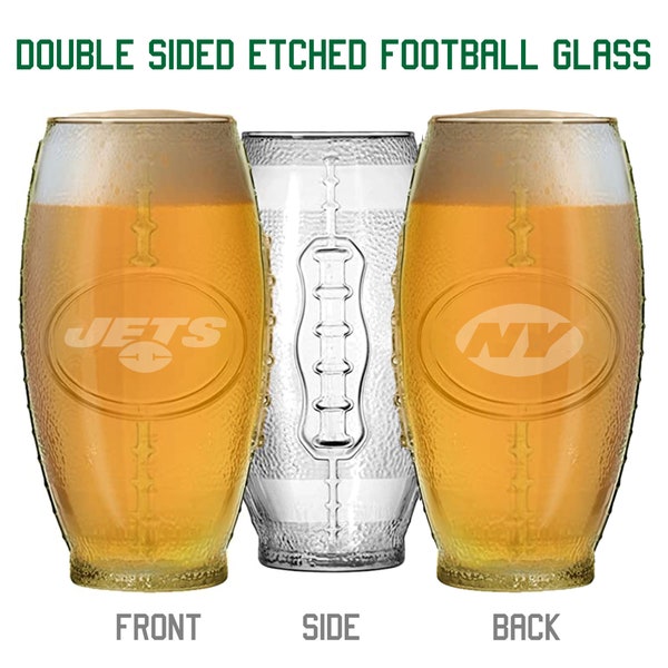 New York Jets Pint Glass-Football Shape Glass-Double Sided-Beer Glass-Etched Pint Glass-Fathers Day Gift-Gift for New York Jets Fans-Rodgers