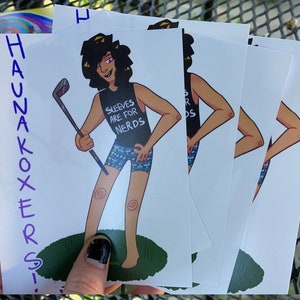 May include: A set of five white cards with a cartoon illustration of a person holding a golf club. The person is wearing a black tank top with the text "Sleeves are for Nerds" printed on it. The text "HAUNA KOXERS!" is written in purple on the card.