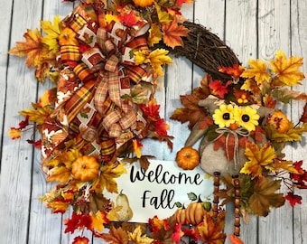Fall Front Door Wreath: Plush Owl, Pumpkins & Autumn Leaves
