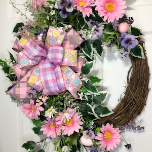 Easter spring wreath, Daisy wreath, Summer wreath, Plaid decor , door decor, spring wreath , easter decor, easter egg wreath,spring decor,