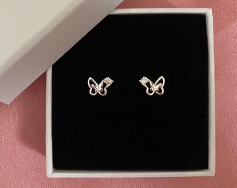 Minimalistische prachtige vlinder Glanzende sierlijke oorbel Studs 925 zilveren Cubic Zirconia verjaardagscadeau vriend minimalistische kerst