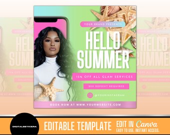 May include: A pink and green social media graphic with the text "Hello Summer" and a photo of a woman with long black hair. The graphic also includes the text "15% off all glam services" and "$xx deposit required".