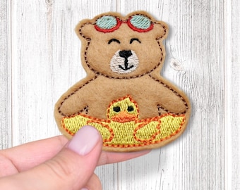 Pool Day Bear Feltie Embroidery Design: Summer Fun (4x4, 5x7 ITH Digital File)