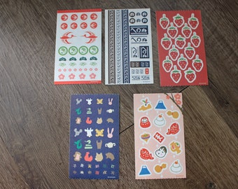 Japanese stickers 5 Assort No.2,  Strawberry, KAMAWANU, 12animal in the zodiac, Crane and turtle, New Year's decorations