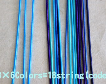 May include: A close-up of 18 strands of cord in six different colors: blue, turquoise, teal, dark blue, purple, and navy. The text "3 x 6 Colors = 18 string (code)" is visible at the bottom of the image.
