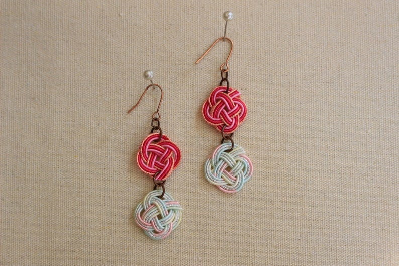 Japanese accessories Mizuhiki Knot Earrings Pink&White Etsy