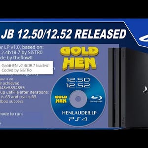 May include: Image featuring a black PlayStation 4 console, a controller, and a disc labeled "Gold Hen" with version numbers 12.50 and 12.52. Text indicates a release of PS4 JB 12.50/12.52.