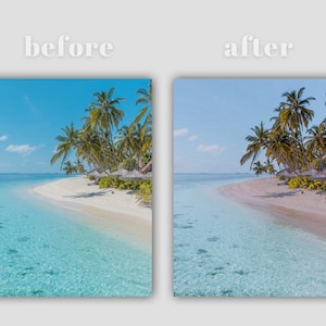 K&ouml;nnte beinhalten: Eine tropische Strandlandschaft mit Palmen, wei&szlig;em Sand und klarem, blauem Wasser. Der Strand ist mit Palmen ges&auml;umt und es gibt einige Strohd&auml;cher am Strand.