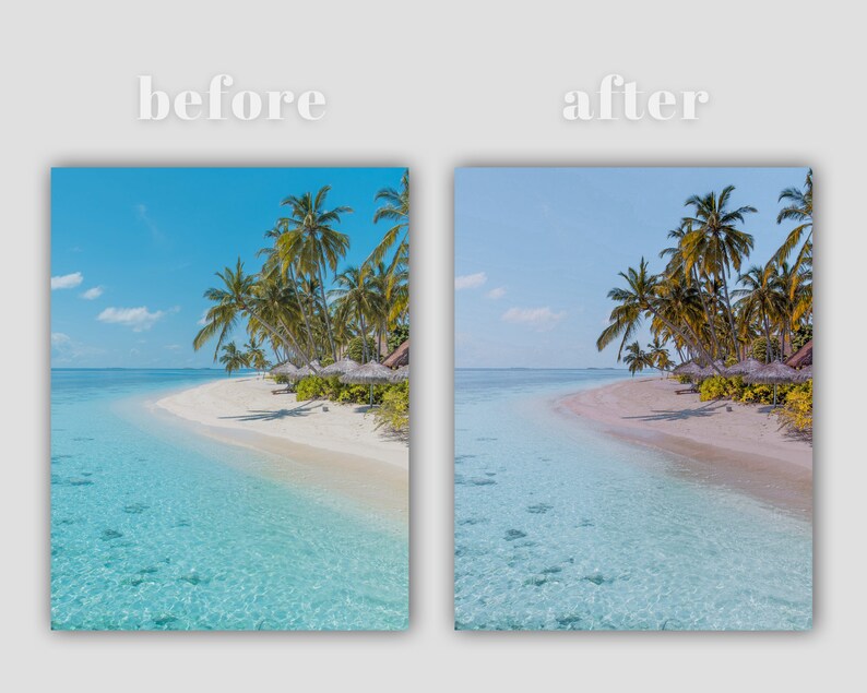 K&ouml;nnte beinhalten: Eine tropische Strandlandschaft mit Palmen, wei&szlig;em Sand und klarem, blauem Wasser. Der Strand ist mit Palmen ges&auml;umt und es gibt einige Strohd&auml;cher am Strand.