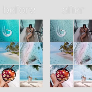 K&ouml;nnte beinhalten: Eine Collage aus neun Bildern, die einen tropischen Urlaub zeigen. Die Bilder zeigen eine Frau in einer Badewanne, ein Boot, das eine Welle im Wasser hinterl&auml;sst, einen Strand mit Palmen, eine Sch&uuml;ssel mit Obst und eine Frau, die in einer Schaukel sitzt.