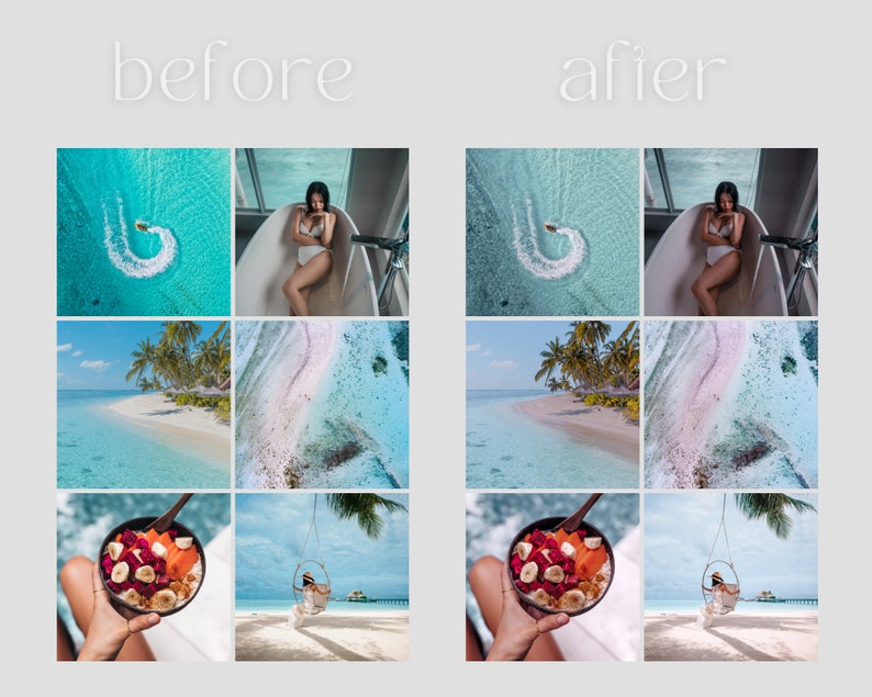 K&ouml;nnte beinhalten: Eine Collage aus neun Bildern, die einen tropischen Urlaub zeigen. Die Bilder zeigen eine Frau in einer Badewanne, ein Boot, das eine Welle im Wasser hinterl&auml;sst, einen Strand mit Palmen, eine Sch&uuml;ssel mit Obst und eine Frau, die in einer Schaukel sitzt.